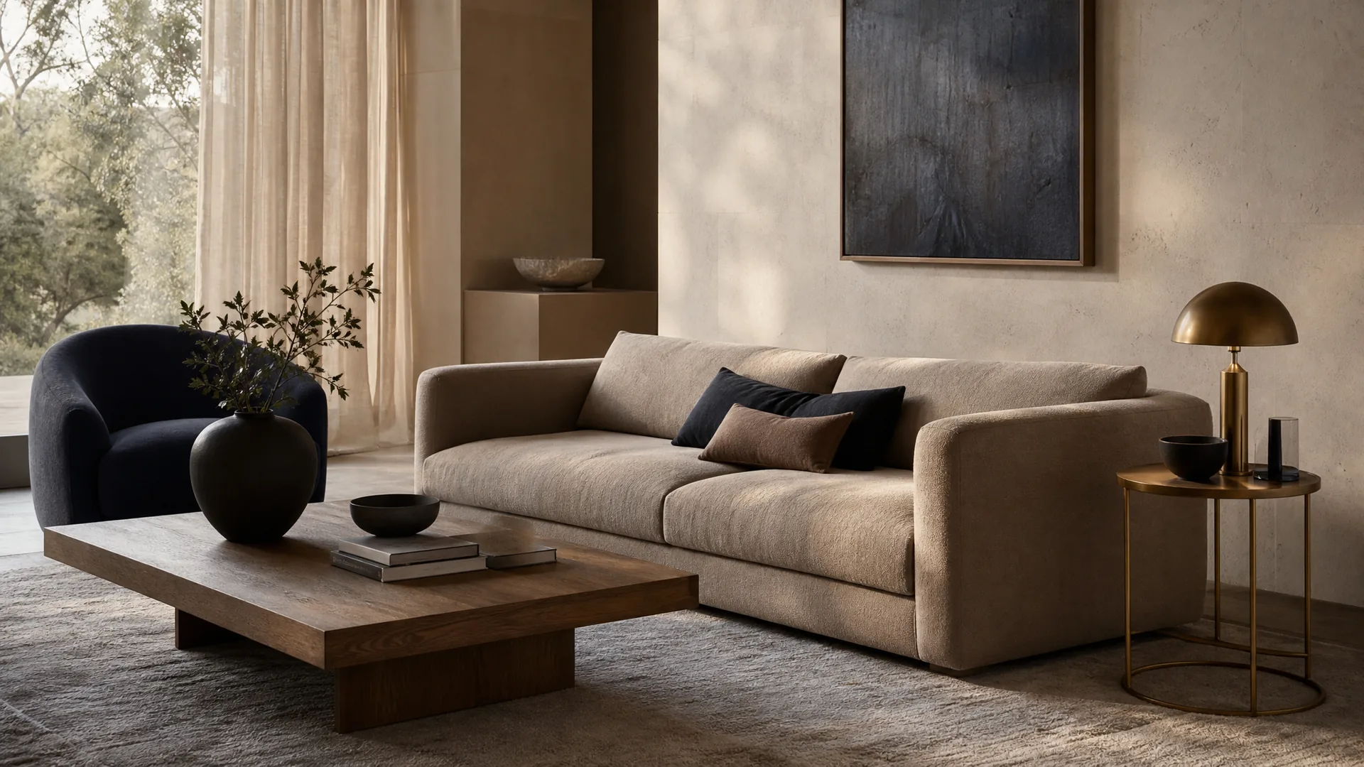 A linen sofa in a sunlit living room.