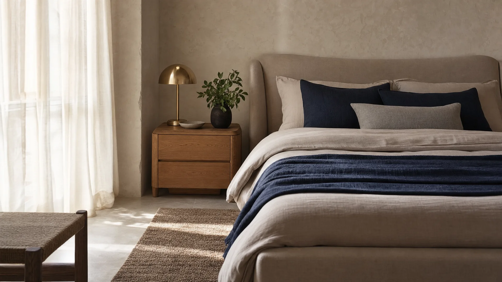 An upholstered bed framed by warm morning light.